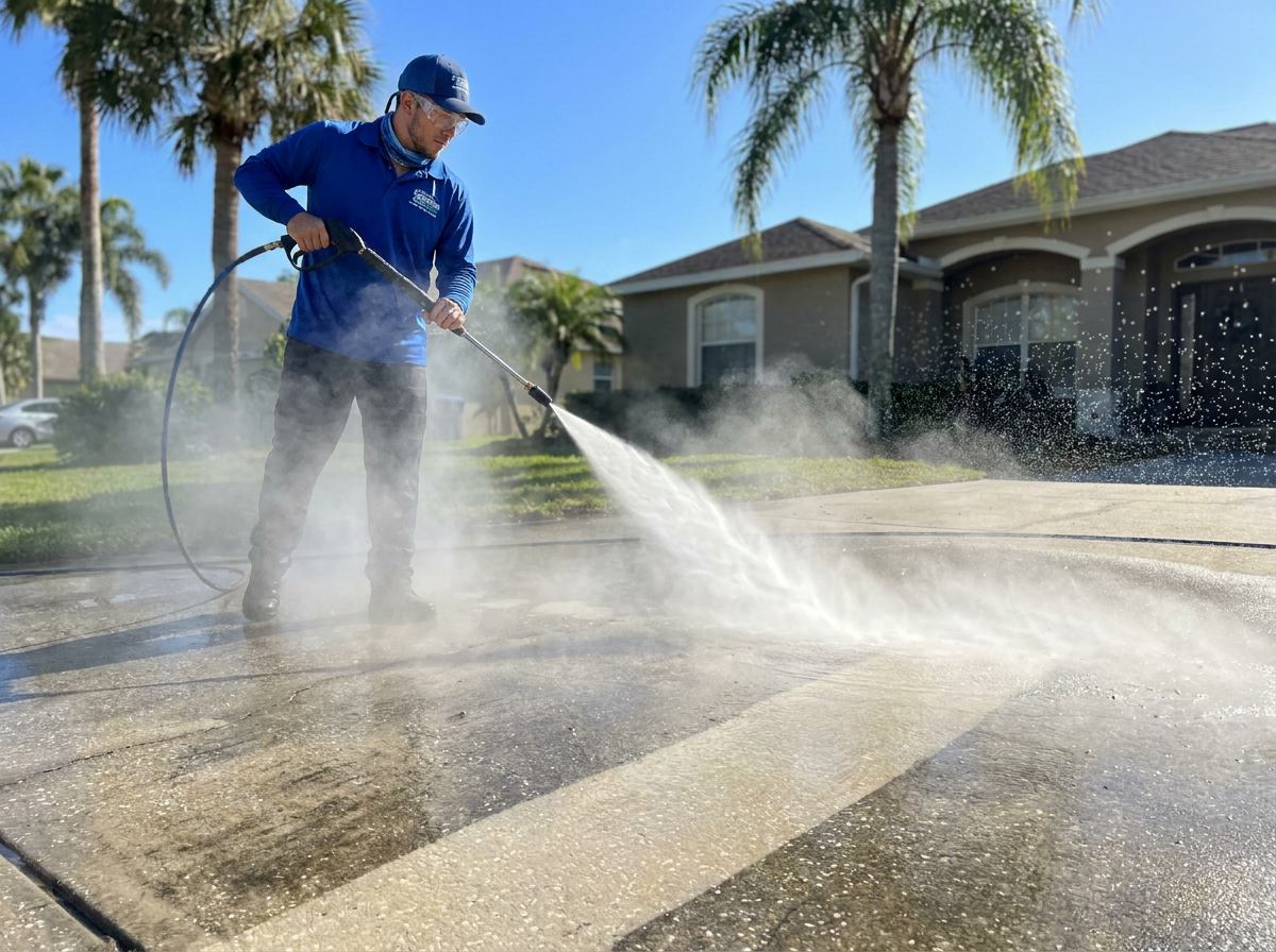 Pressure washing in action